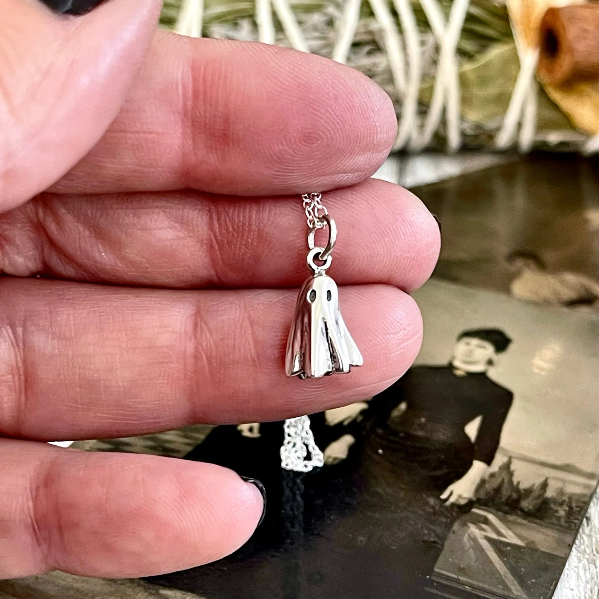 Tiny Talisman Spooky Ghost Necklace and Stud Earring Set / Sterling Silver Jewelry Set