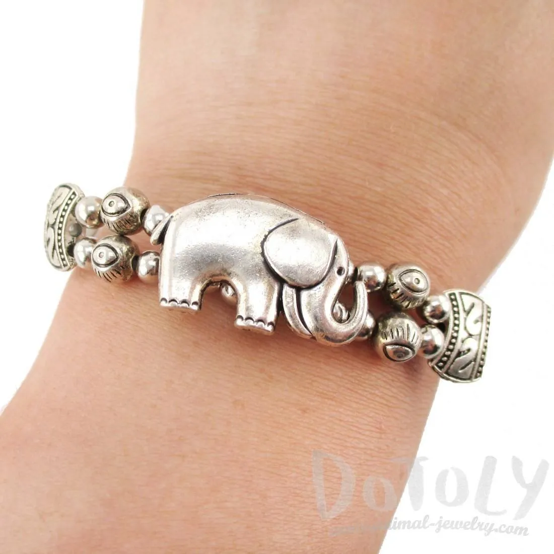 Tribal Inspired Beaded Bracelet with Elephant Charm in Silver | Animal Jewelry