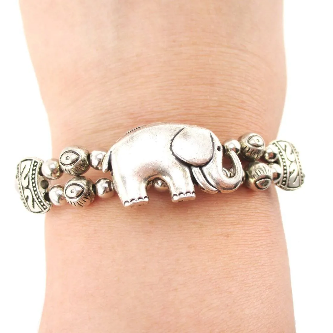 Tribal Inspired Beaded Bracelet with Elephant Charm in Silver | Animal Jewelry