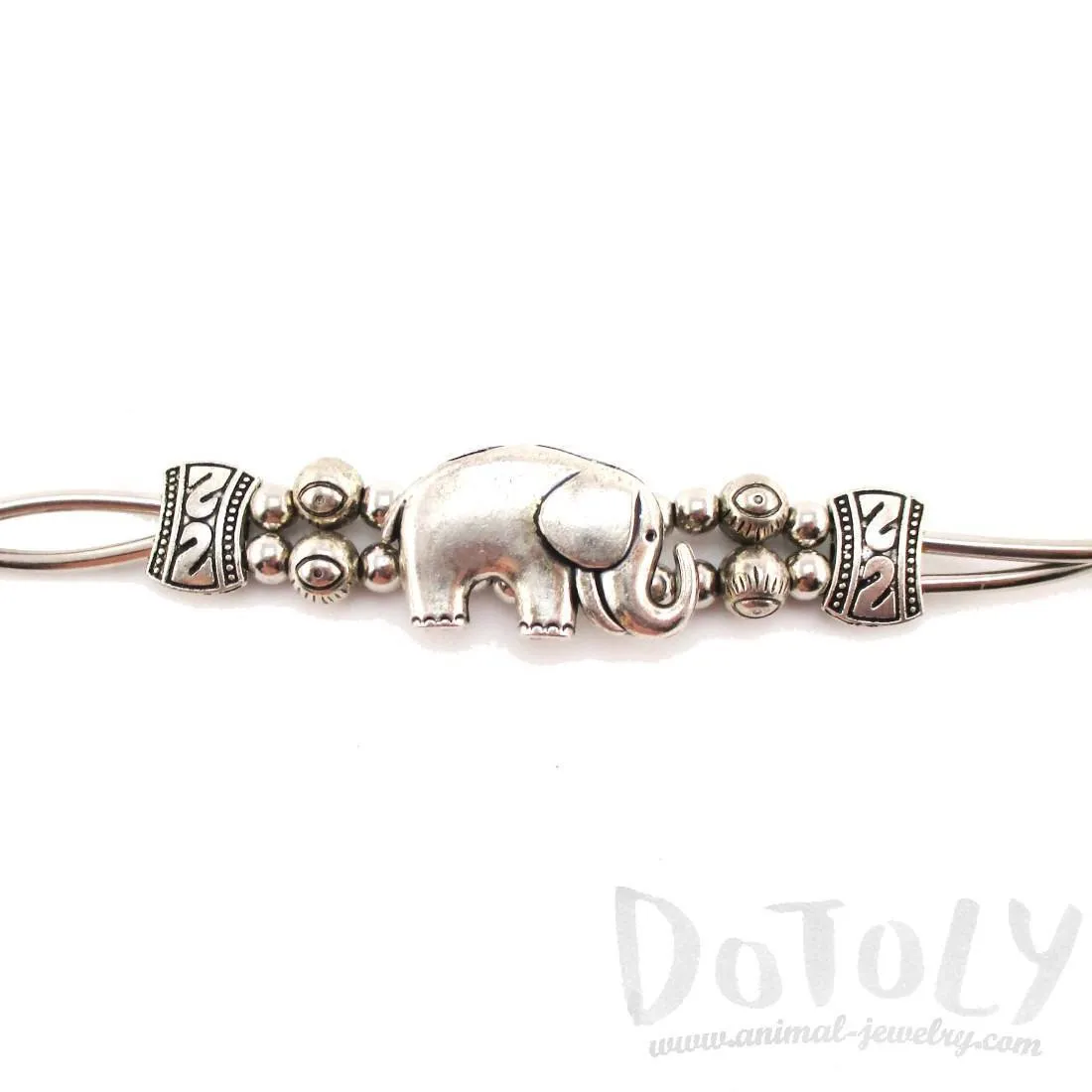 Tribal Inspired Beaded Bracelet with Elephant Charm in Silver | Animal Jewelry