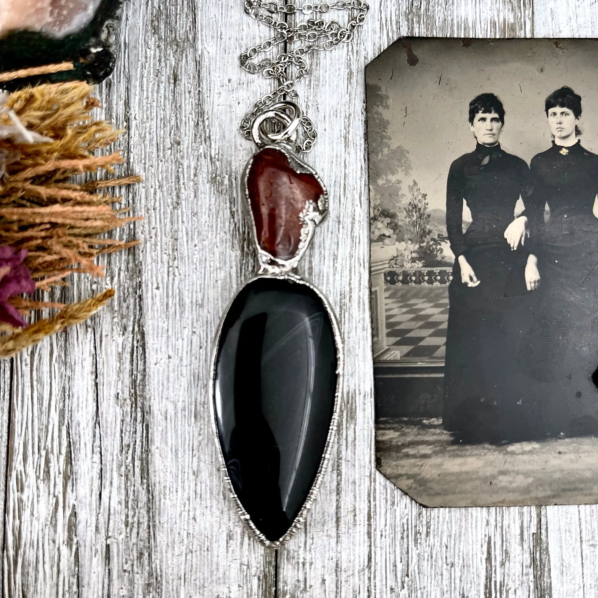 Two Stone Red Carnelian Black Banded Agate Necklace in Fine Silver / Foxlark Collection - One of a Kind Jewelry /