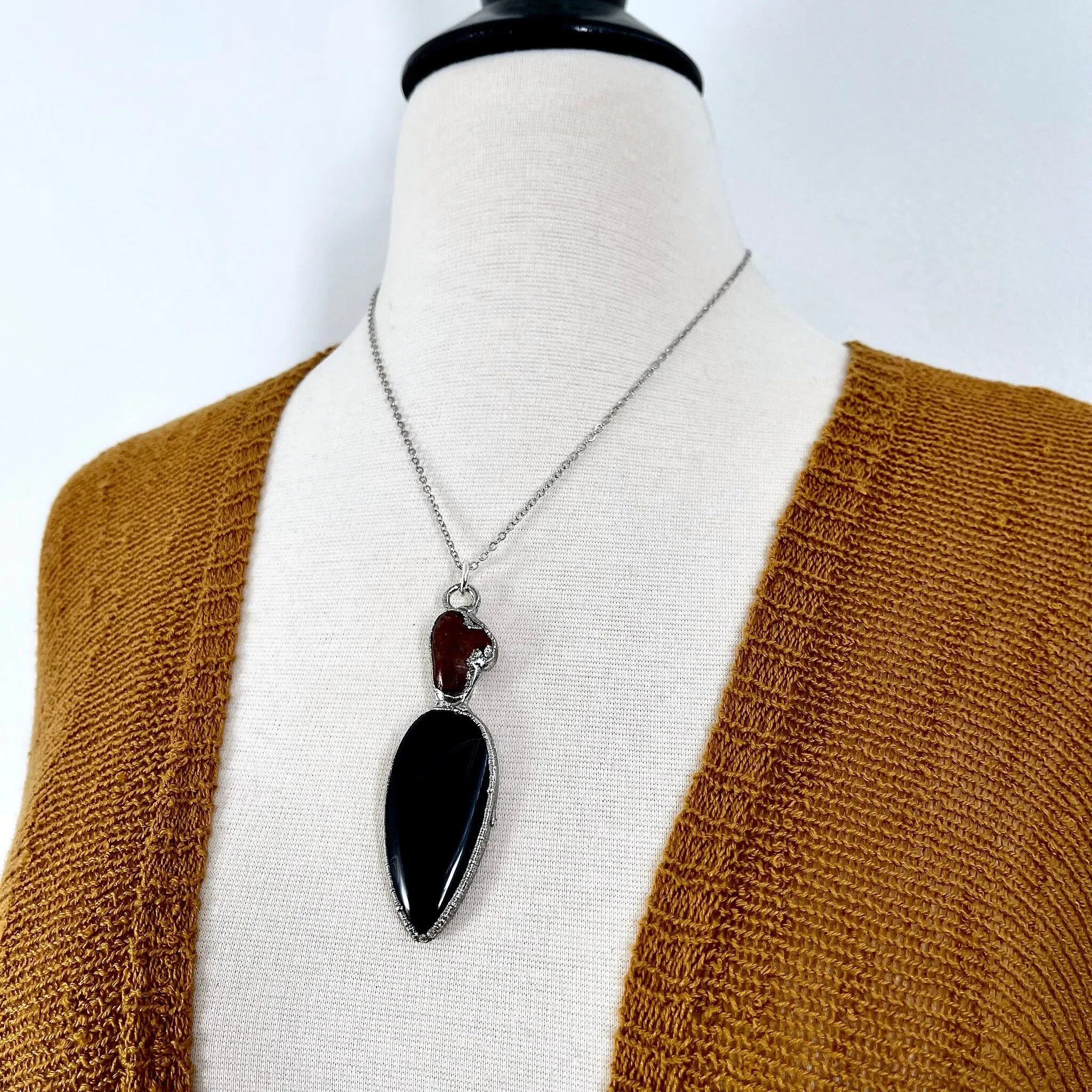 Two Stone Red Carnelian Black Banded Agate Necklace in Fine Silver / Foxlark Collection - One of a Kind Jewelry /