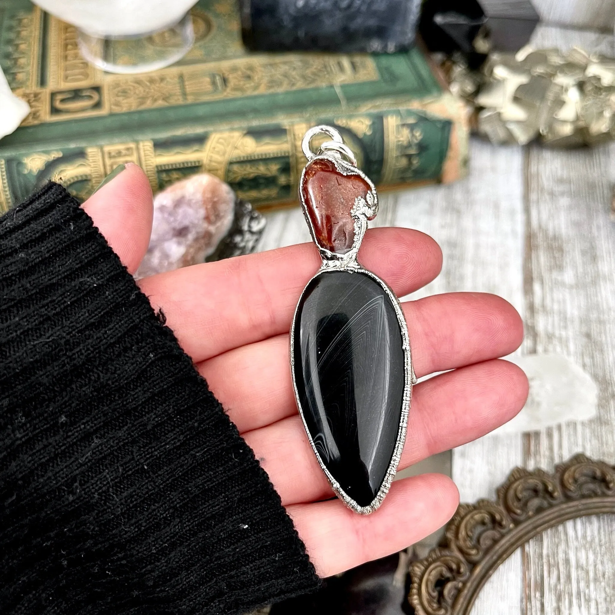 Two Stone Red Carnelian Black Banded Agate Necklace in Fine Silver / Foxlark Collection - One of a Kind Jewelry /