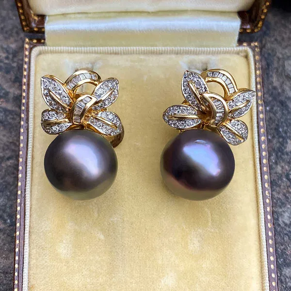 Vintage Black Pearl & Diamond Earrings