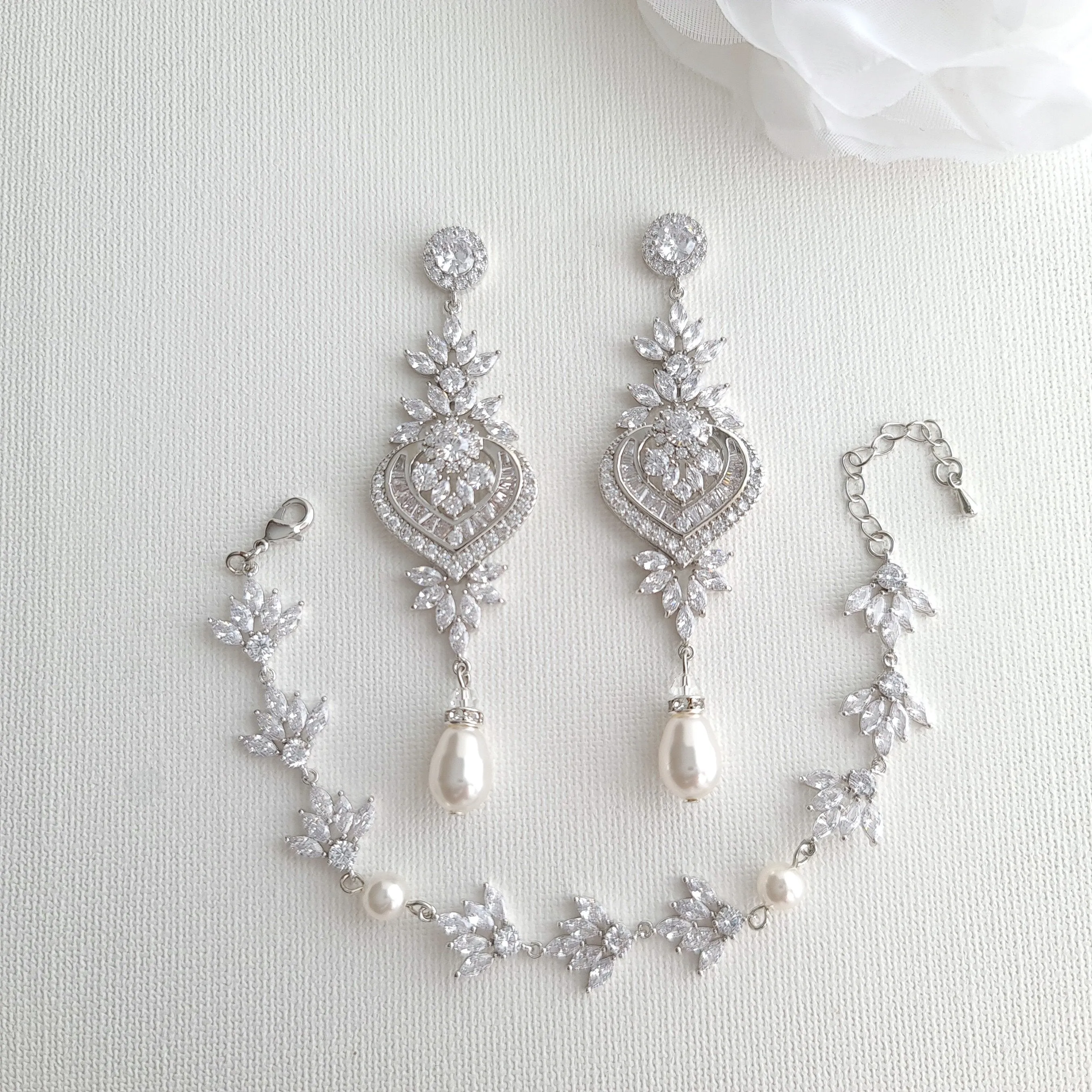 Wedding Earrings and Bracelet Set Silver- Rosa