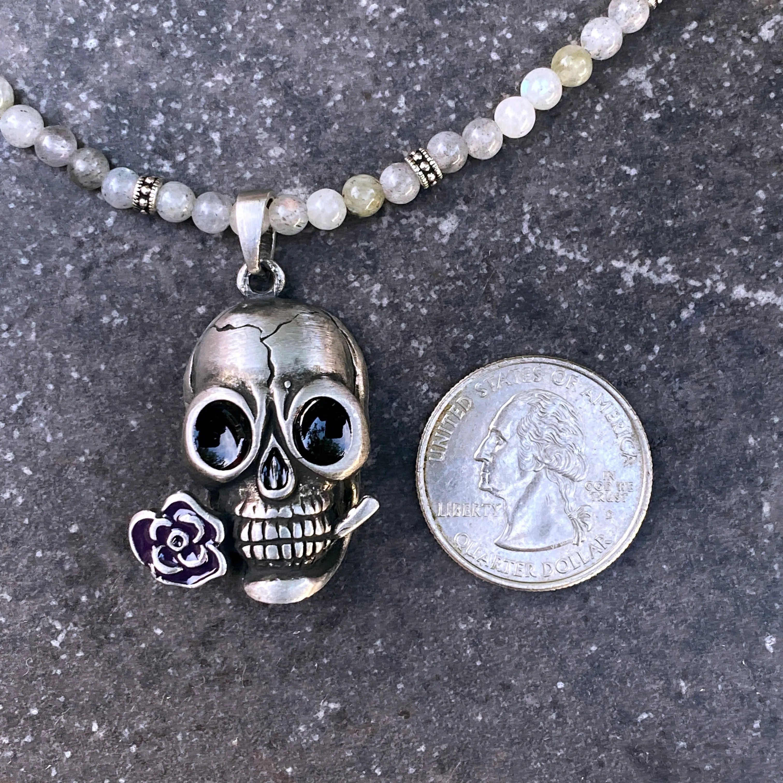 White Labradorite gemstone and Skull with Rose pendant Necklace