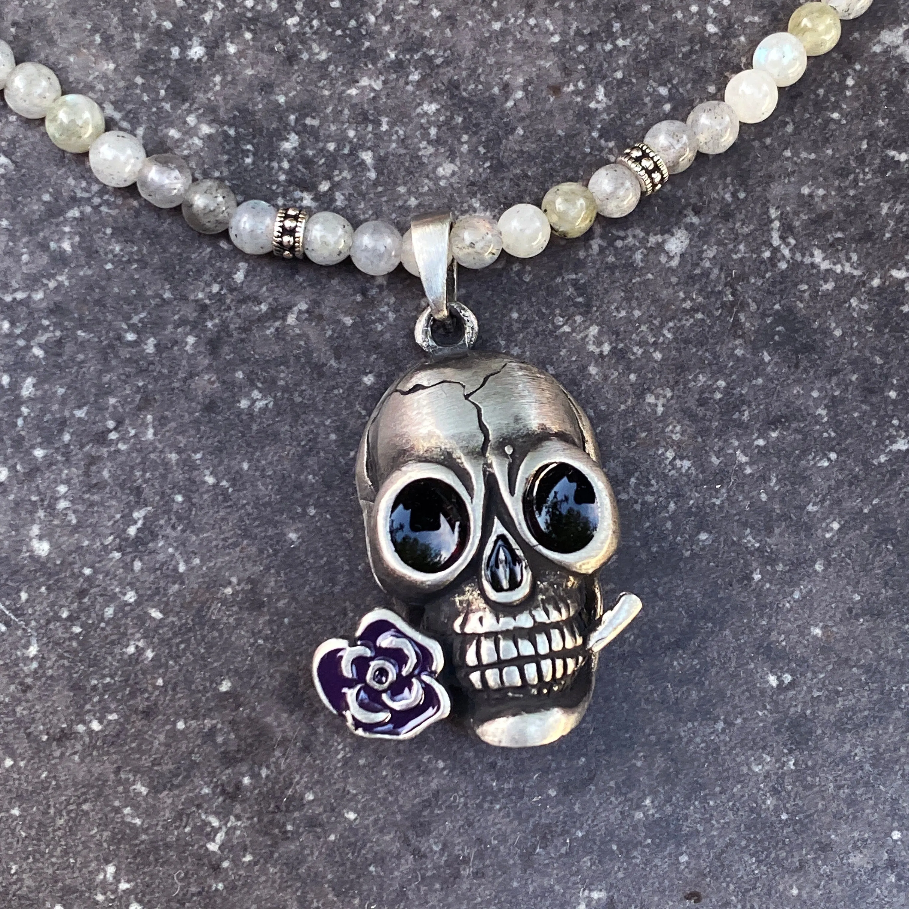 White Labradorite gemstone and Skull with Rose pendant Necklace