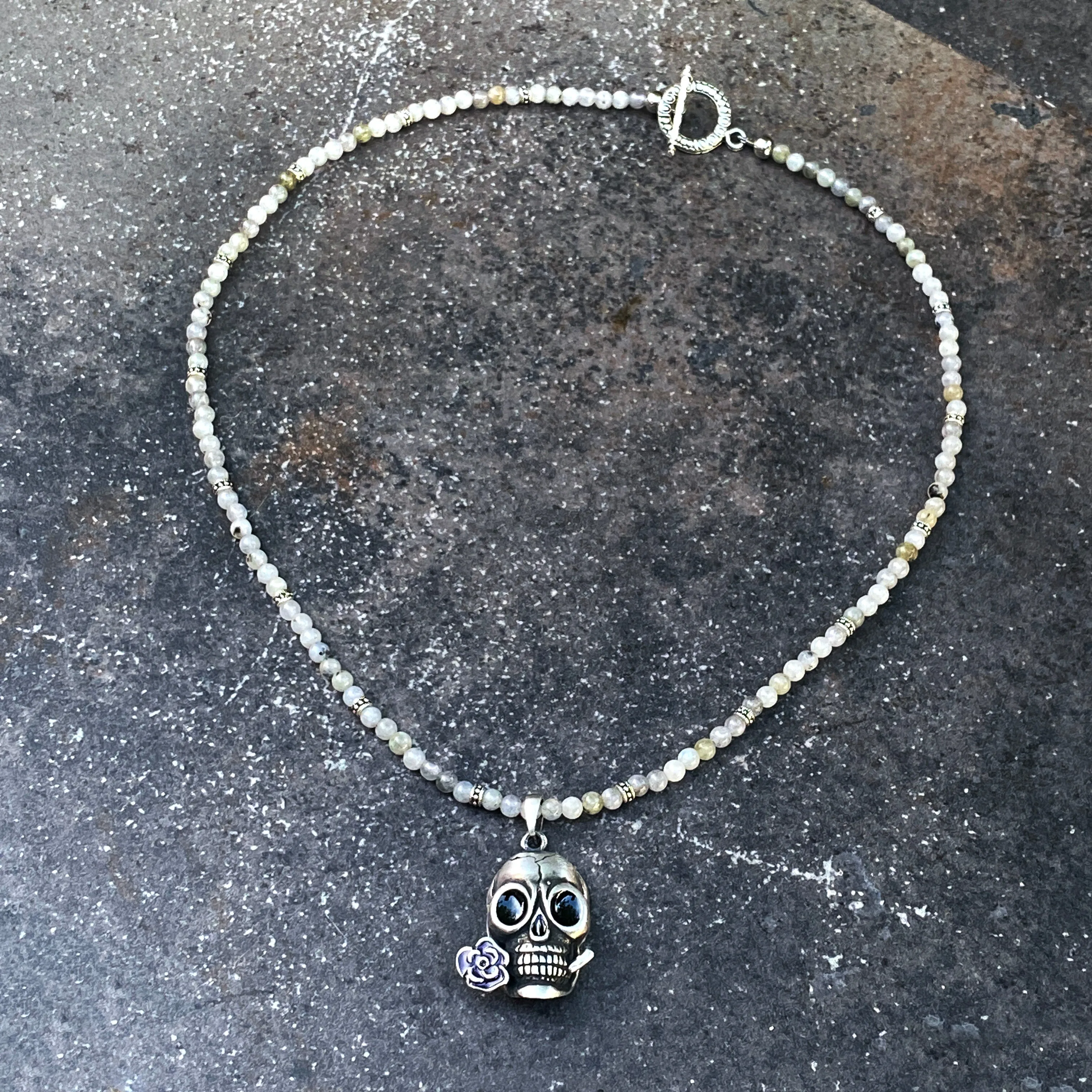 White Labradorite gemstone and Skull with Rose pendant Necklace