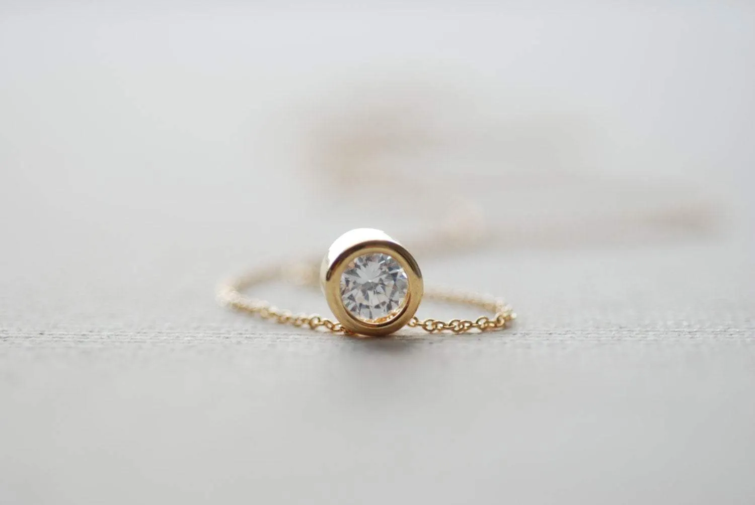 Wholesale Solitaire Necklace - Cubic Zirconia Necklace, CZ Diamond Solitaire, Gold Bezel, Dainty Gold Necklace, Small Circle Pendant Necklace