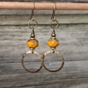 Yellow Glass Dangle Earrings, Small Lightweight Drop Earrings, Boho Glass Jewelry, Hammered Metal Earrings, Everyday Earrings